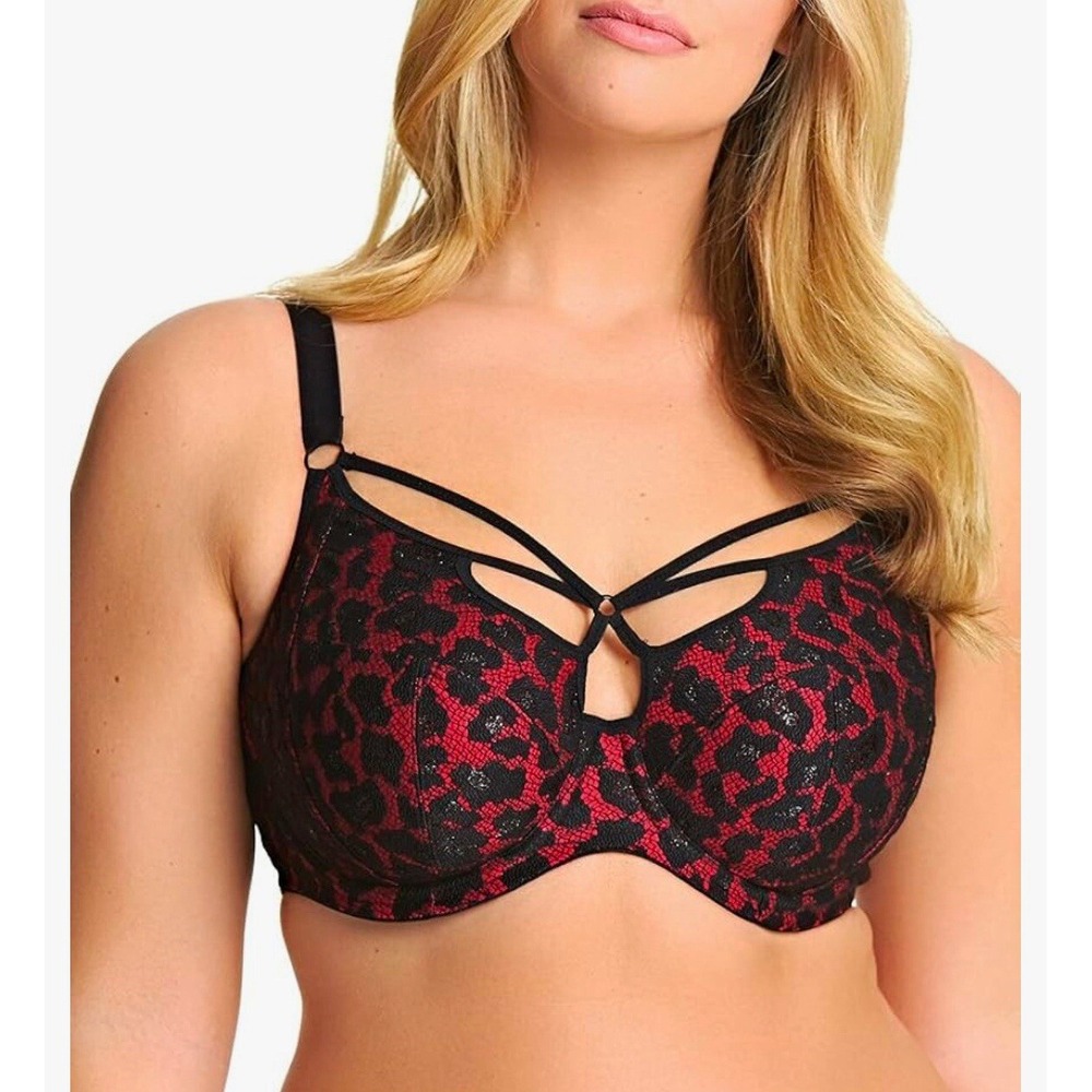 Elomi Nicole Underwire Plunge Cage Bra Size 42DD Red Black Lace NWT